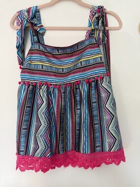 Vici Multicolor Striped Tie-Shoulder Top with Pink Lace Trim Women size M